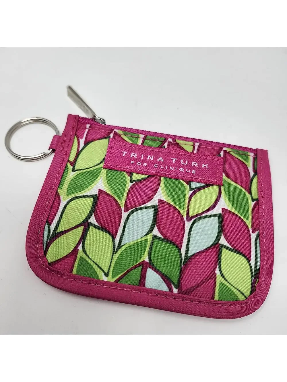 Trina Turk for Clinique Leaf Print Keychain Coin Pouch Pink Green 3.75x4